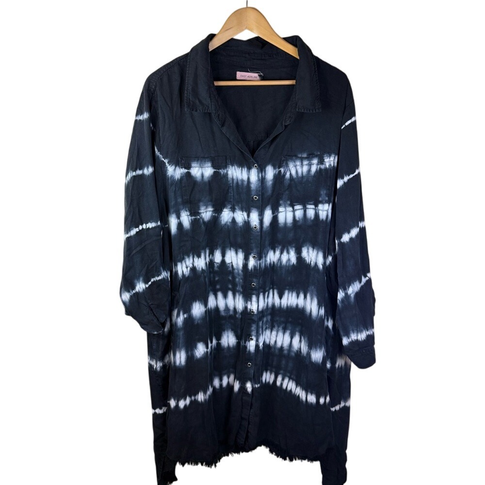 East Adeline 3X Shirt Dress‎ Blue White Nautical Roll Tab Sleeves Travel